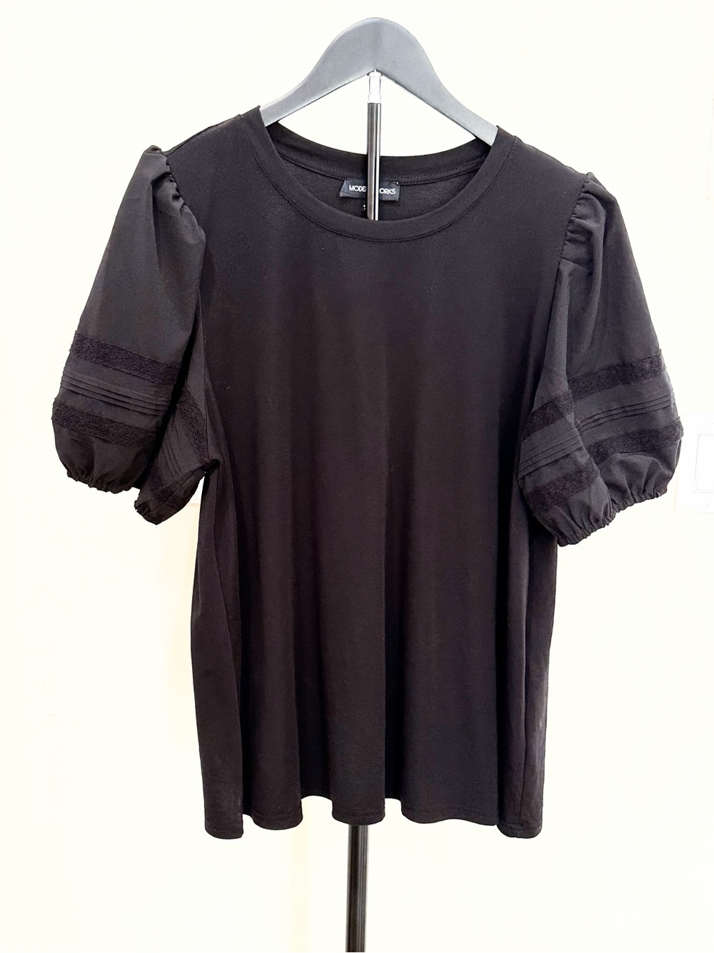 Modern Works Black Puff Sleeve Lace Trim Top 1X Whimsigoth Elevated Basics